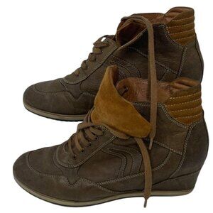 Geox Womens Respira Brown Leather and Suede Lace Up Wedge Sneakers Size EU 40